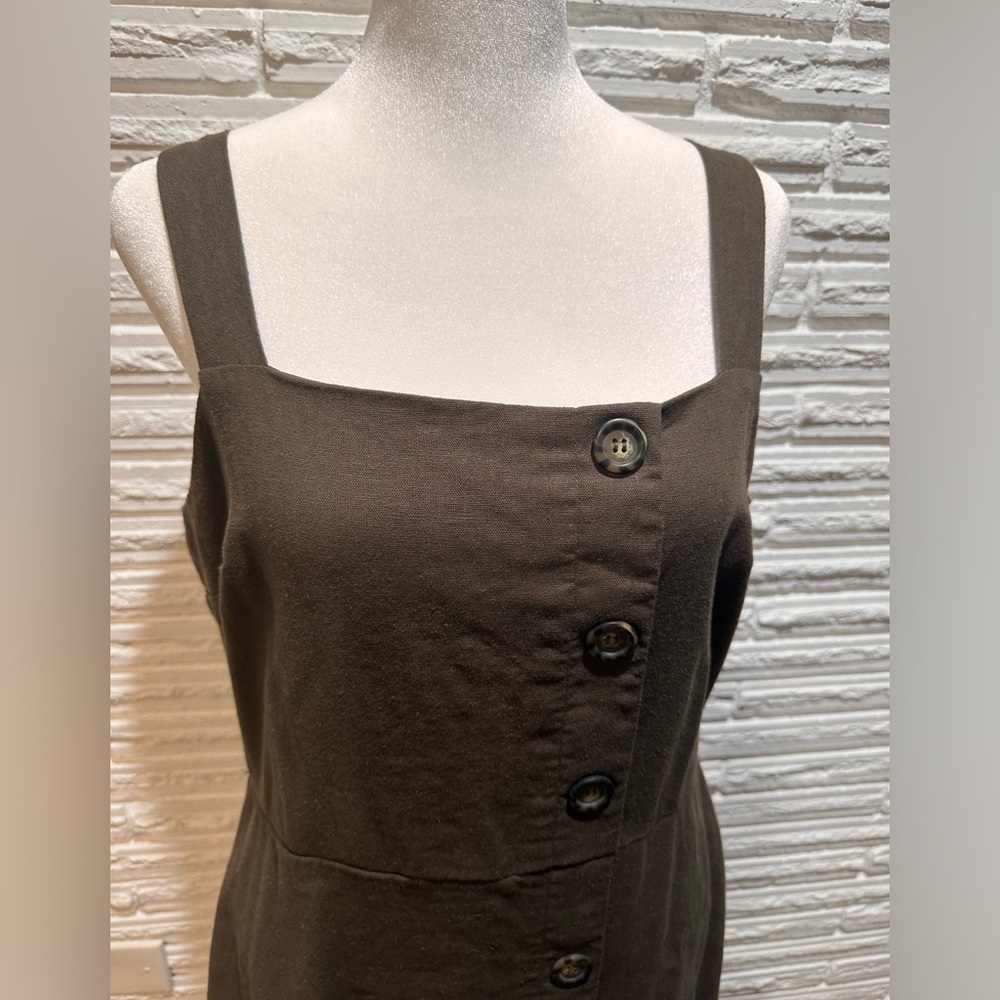 Olive Green Linen Midi Dress with Button Detail, Size 11